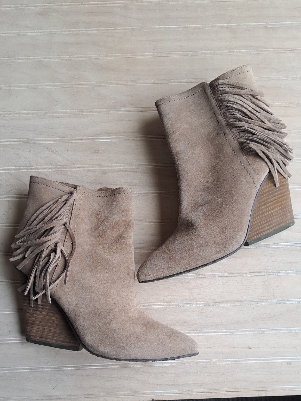 Isola Fringe Suede Leather Western Stylish Block Heel Ankle Booties Tan Side Zip